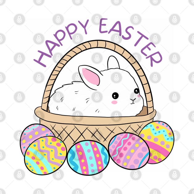 Happy Easter Day Cute Easter bunny in a basket with Easter eggs by Yarafantasyart