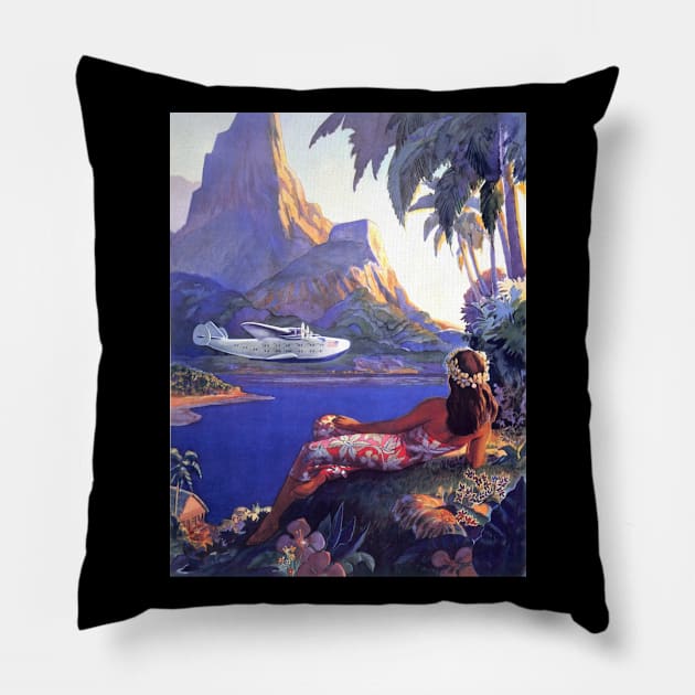 South Sea Islands Girl Seaplane Paradise Pillow by rocketshipretro