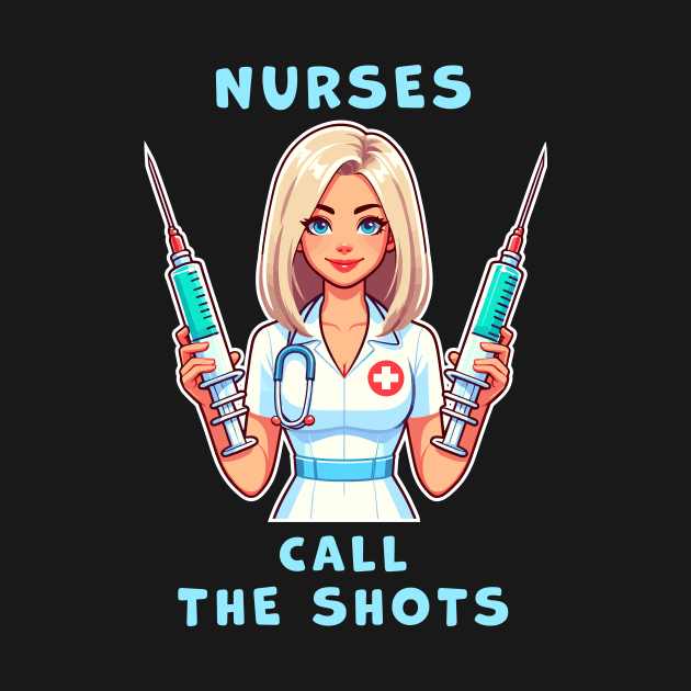 Nurses call the shots, cute nurse with huge syringes funny graphic t-shirt for Nurses by Cat In Orbit ®