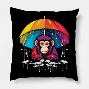 Snow Monkey Rainy Day With Umbrella Pillow