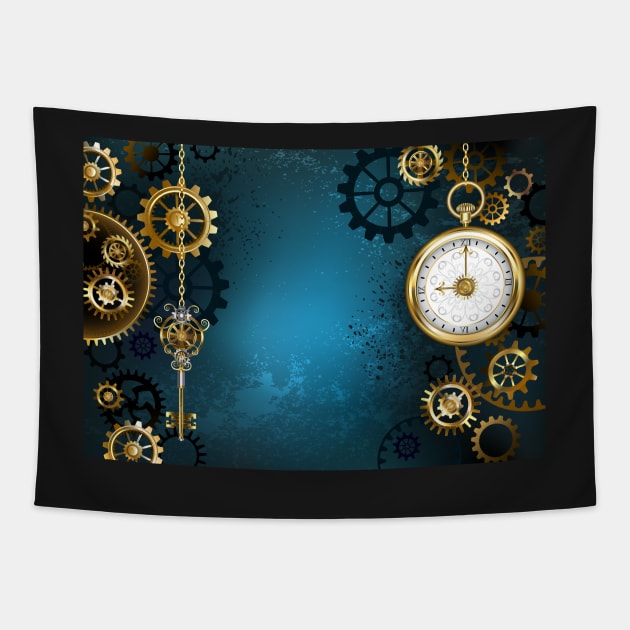 Turquoise Background with Gears ( Steampunk ) Tapestry by Blackmoon9