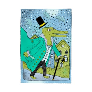 Cute green crocodile character in black top hat and tie T-Shirt