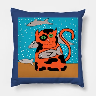 Cat in sea with fish Pillow