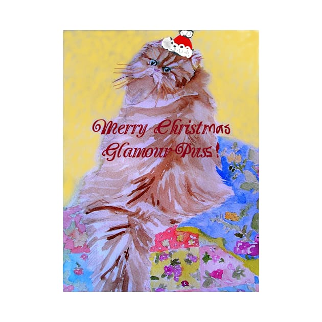 Merry Christmas Glamour Puss! Patchwork Quilt and Cat Watercolour by SarahRajkotwala