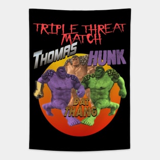 Strange Off Brand Hero Shirt Thomas Vs Hunk Vs Dat Thang Parody (Knock Off) Tapestry