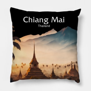 Chiang Mai Thailand No. 1: Mountain Paradise; Temples in Northern Thailand on a Dark Background Pillow