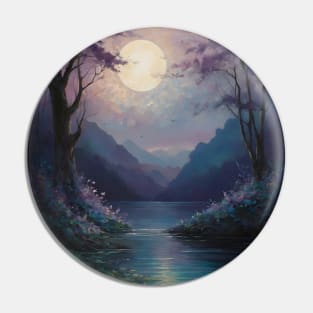 Moonlit Lake Surrounded by Blooming Trees and Mountain Range Pin