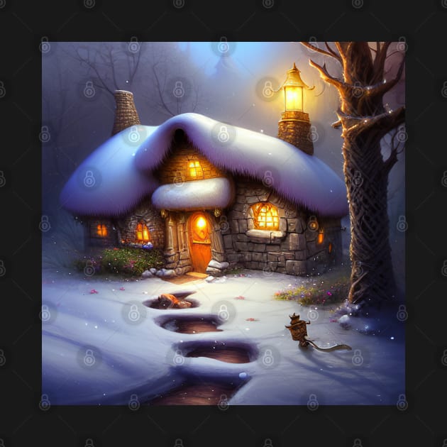 Magical Fantasy Cottage with Lights In A Snowy Scene, Scenery Nature by Promen Art