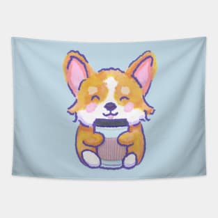 Happy Corgi Kawaii Coffee Lovers Watercolor digital Illustration Tapestry