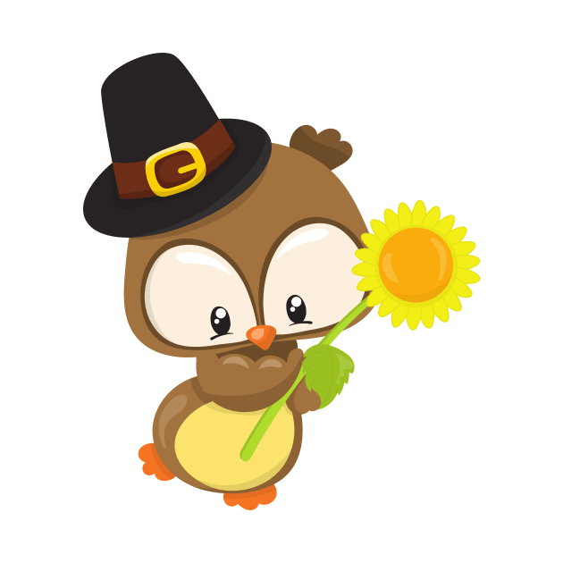 Thanksgiving Owl, Brown Owl, Pilgrim Hat, Flower by Jelena Dunčević