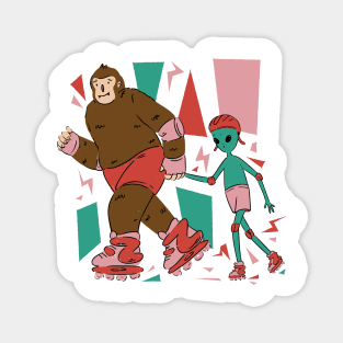 Funny Bigfoot And Alien Skating Roller Skate Magnet