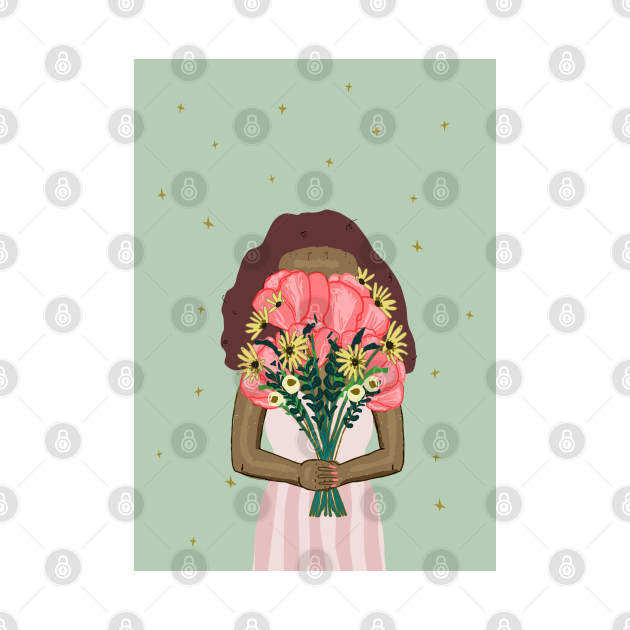 Cute girl holding a floral bouquet in a pink dress | pink and green by Ipoole