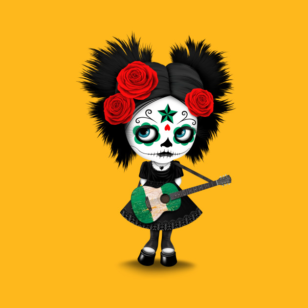 Sugar Skull Girl Playing Nigerian Flag Guitar Cute Zombie Girl