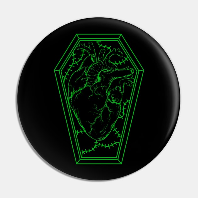 Human Heart in a Coffin Green Pin by RavenWake