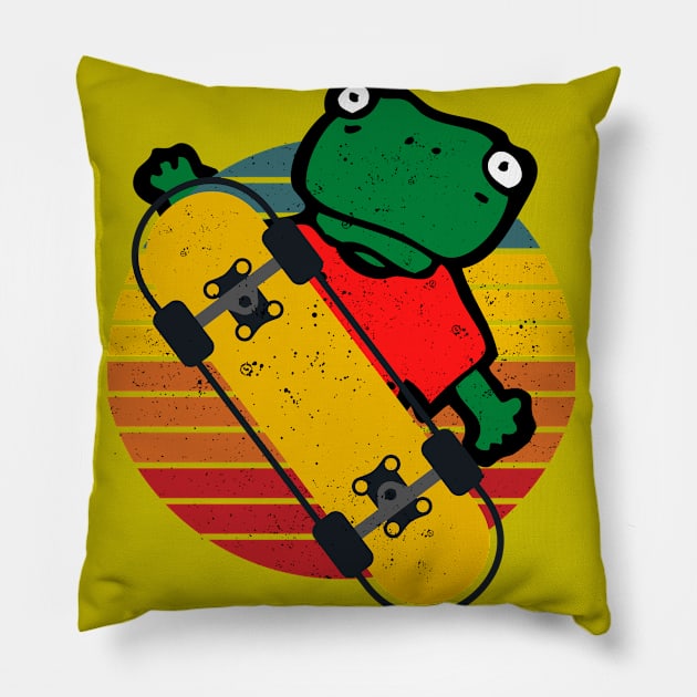 Retro frog on skateboard.Skateboarding gift Pillow by FullOnNostalgia