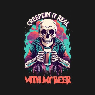 Spooky Skeleton Halloween Drinking Beer T-Shirt