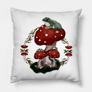 Watercolor Frog Friends on Red Button Mushrooms Pillow