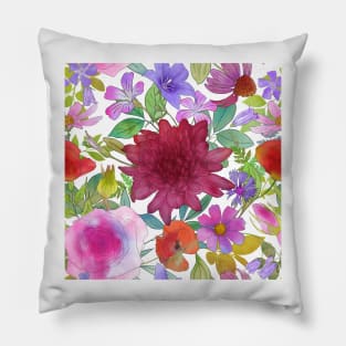 Summer wildflowers and leaves watercolor botanical illustration. Peony, Hryzanthemium, Rose, Poppy, Balloon flowers. Pillow