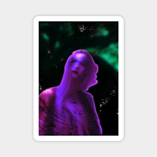 Portrait, digital collage and special processing. Beautiful woman, like painted. Violet and green, glowing. Stars. Magnet