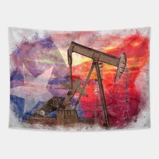 Texan Pumpjack with Texas Flag pastel drawing Tapestry