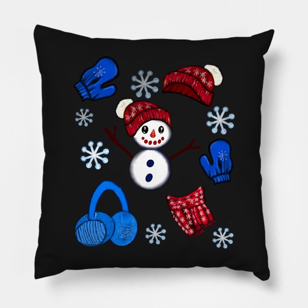 Winter Snowman hat mittens gloves scarf and snowflakes - pattern -  snug in a snowflake themed scarf Pillow by Artonmytee