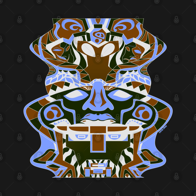 totem helm in ecopop olmec sentinel pattern art in alien framework of veracruz by jorge_lebeau