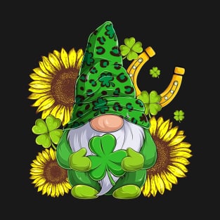 Leopard Shamrock Gnome Sunflower St Patricks Day T-Shirt