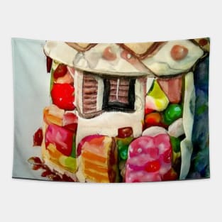 A house made of cake and candies watercolor Tapestry