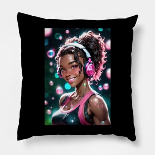 Hot, Sweet Anime Girl of Color with Headphones Pillow