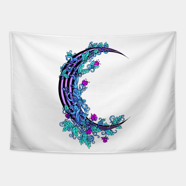 Striped Purple Floral Moon Tapestry by NicoleWhelan