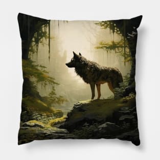 Mystic Wolf in Enchanted Forest Pillow