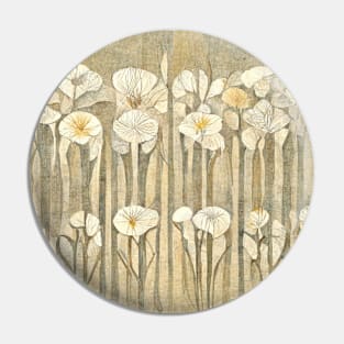 Vintage looking wallpaper with ocre and white lily pattern. Pin