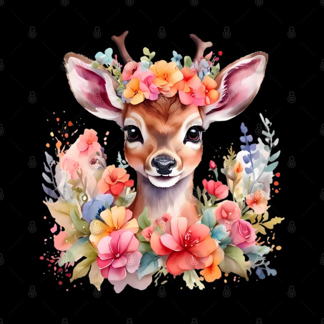 A baby deer decorated with beautiful watercolor flowers by CreativeSparkzz