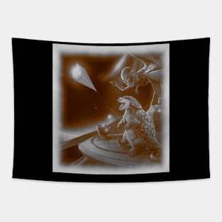 black and white pangolin flying kite on spaceship Tapestry