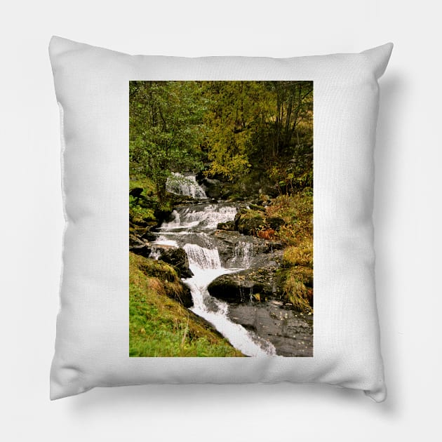 Waterfall Flamsdalen Valley Flam Norway Scandinavia Pillow by AndyEvansPhotos