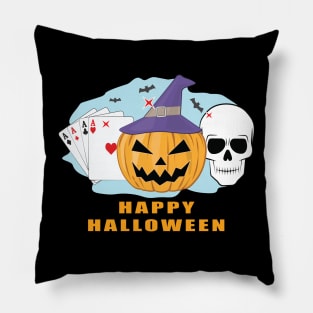 Happy Poker Halloween - Spooky Skull, Pumpkin & Cards Pillow