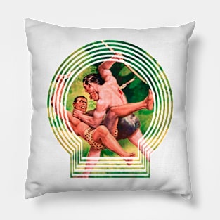 two muscular men fight with spears in the jungle retro comic book Pillow