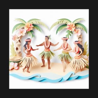 Kane and Wahine Hula Dancers - Paper Art T-Shirt