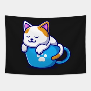 Sleeping Cat and Coffee Kawaii Blue - Cute Tapestry