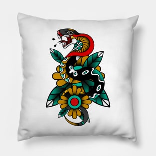 snake old school tattoo style vintage floral Pillow