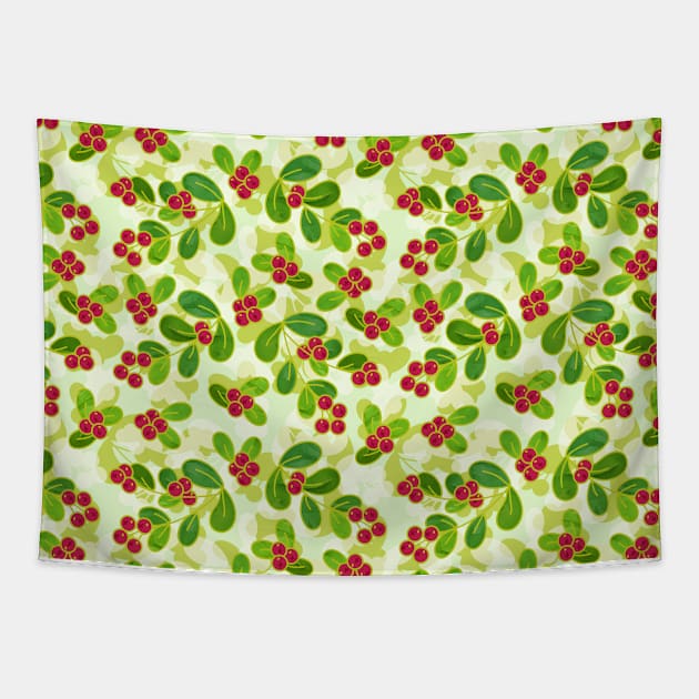 Cranberry Fruit Pattern on Green Tapestry by tanyadraws