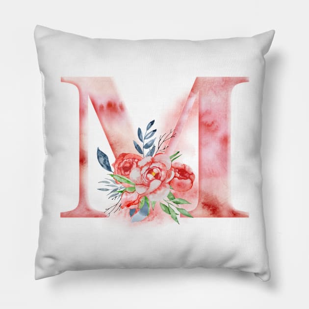 Floral Watercolor Monogram - M Pillow by MysticMagpie