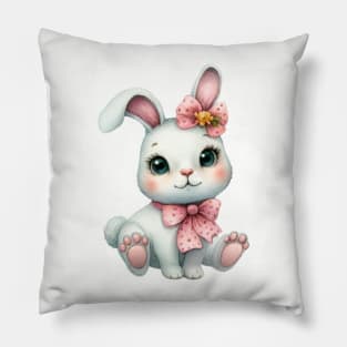 Cute rabbit with pink bows watercolor painting Pillow