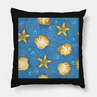 Blue seamless of gold seashells Pillow