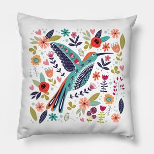 hand drawn bird colorful floral Pillow