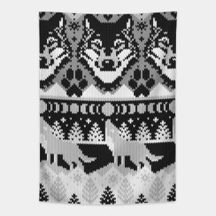 Fair isle knitting grey wolf // pattern // black and white wolves moons and pine trees Tapestry