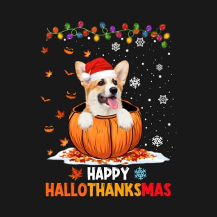 Corgi On Pumpkin Happy Hallothanksmas T-Shirt