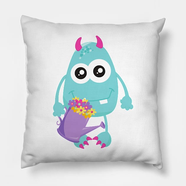 Spring Monster, Blue Monster, Flowers, Horns Pillow by Jelena Dunčević