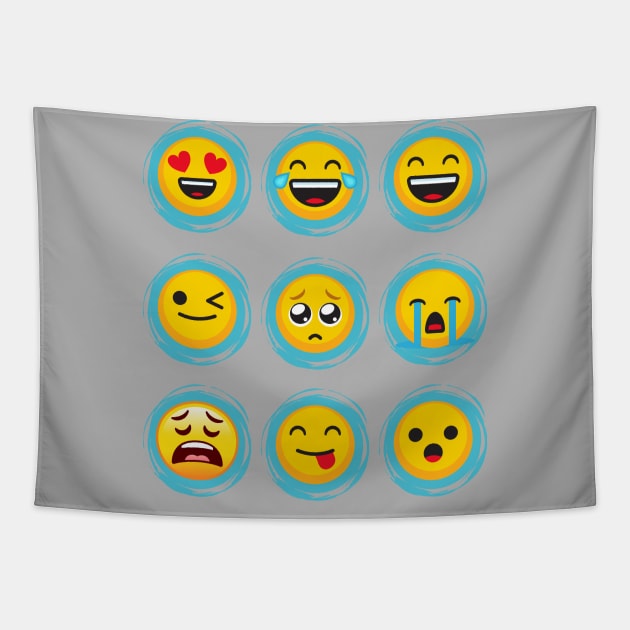 Emojination 9 Classic Yellow Faces Blue Circles Tapestry by Elysian Alcove