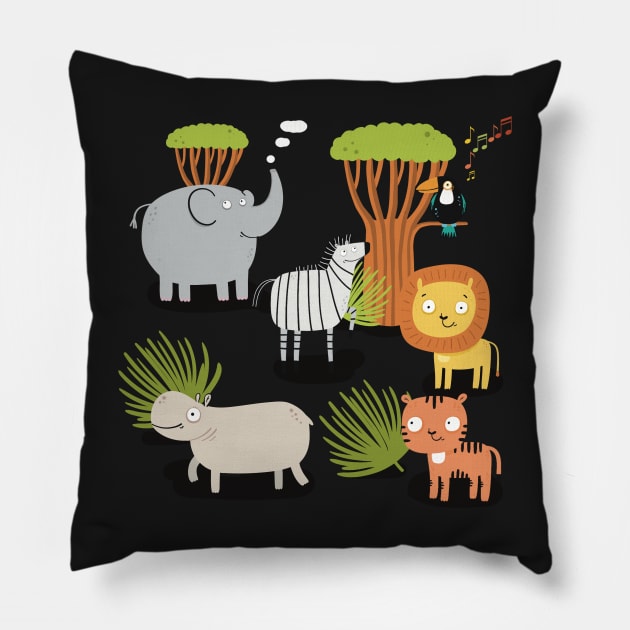 Our friends, the lion, tiger, zebra, elephant , tucan and hippo,on the savannah in Africa Pillow by marina63